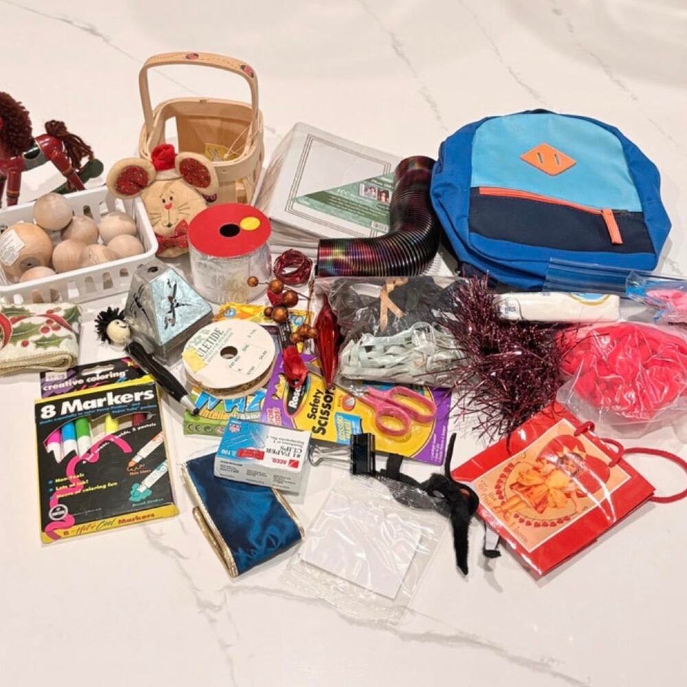 Mixed box lot of assorted craft, decorative, office, toys and miscellaneous